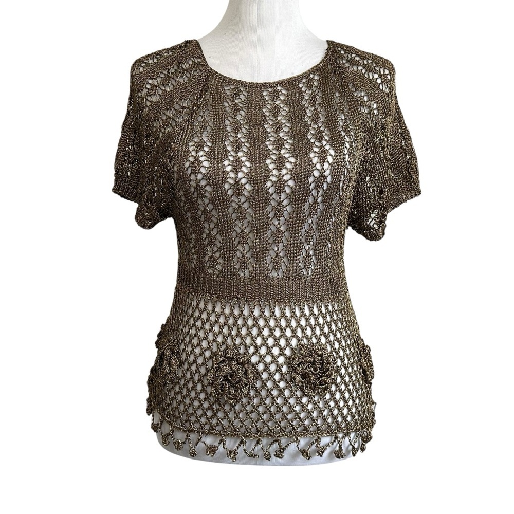 Zara Womens Metalic Gold Open Knit Crochet Top Sz Medium Short Sleeve